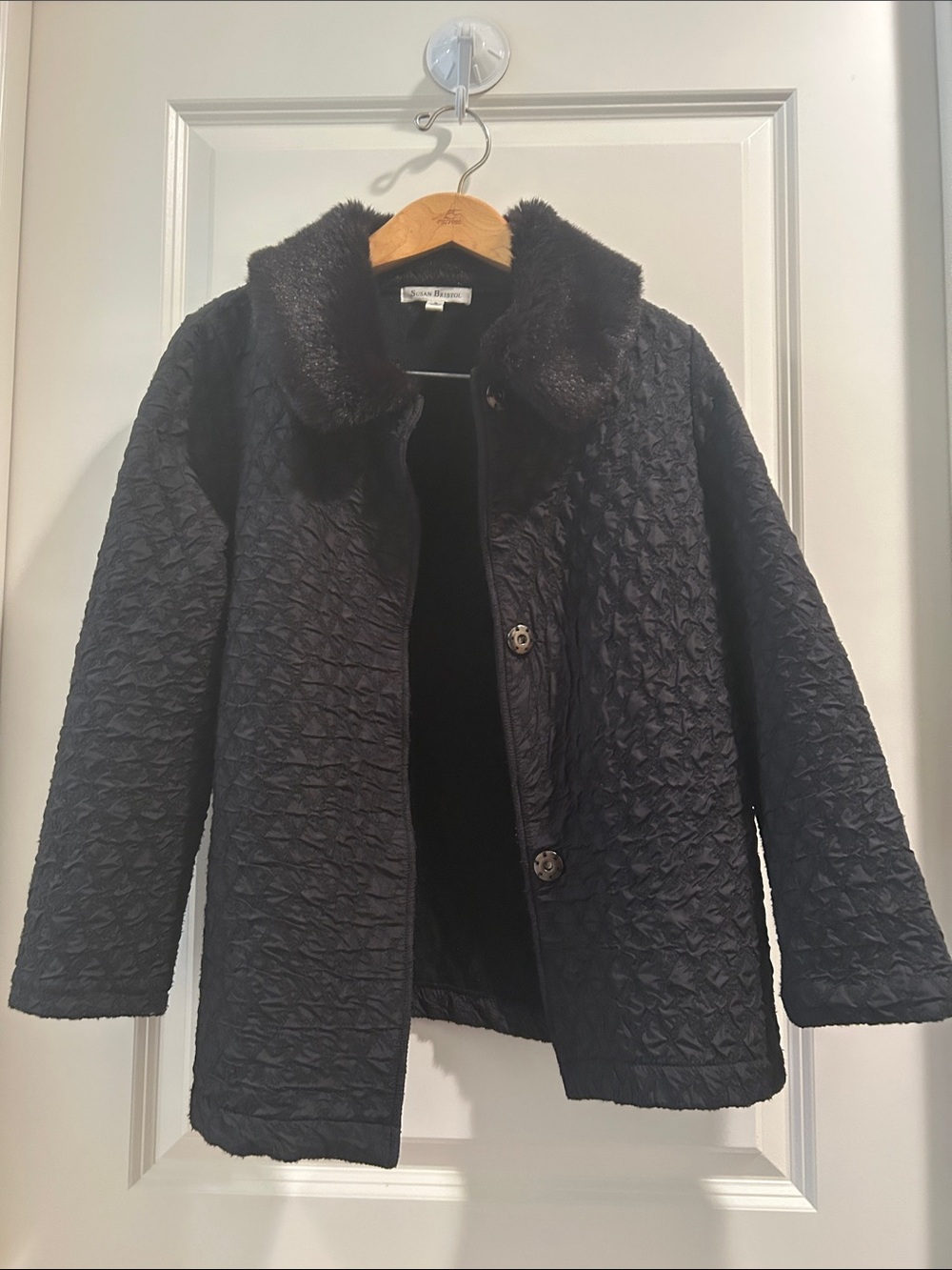 Susan Bristol Vintage Wool Blend Black Quilted Jacket with Faux Fur Collar S